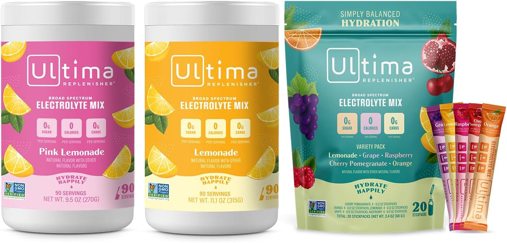 Ultima Replenisher Hydration Electrolyte Powder Bundle- Keto & Sugar Free- at Home & on the Go Convenience Bundle-Lemonade, Pink Lemonade, & Variety Pack- 90 Serving Canister & 20 Serving Stickpack…