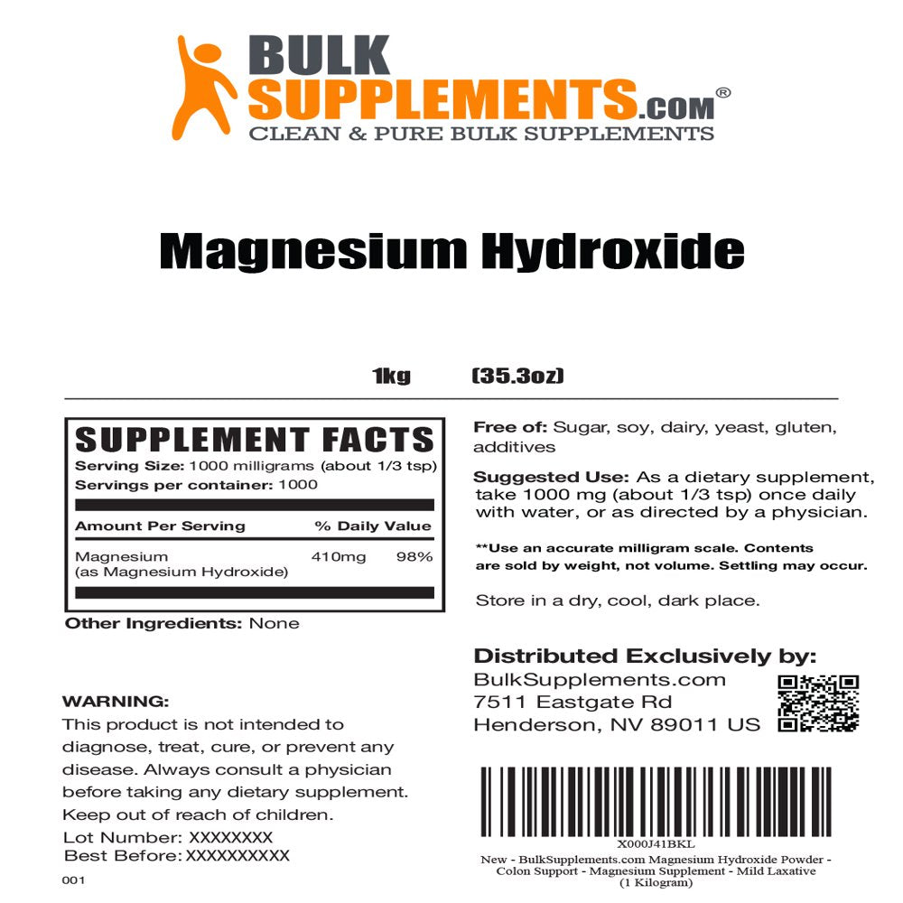 Bulksupplements.Com Magnesium Hydroxide Powder - Colon Support - Magnesium Supplement - Natural Laxative (5 Kilograms)