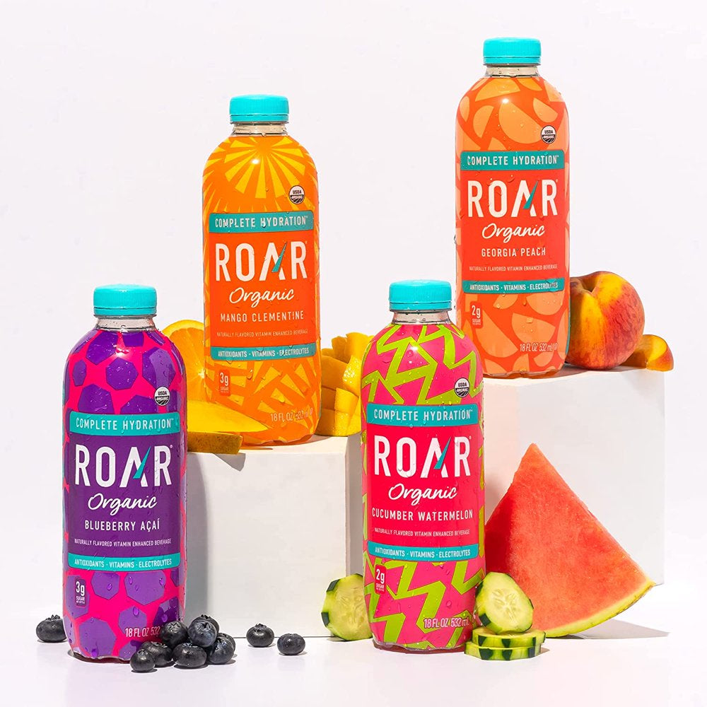 ROAR Organic Vitamin Enhanced Beverage, 4-Flavor Variety Pack, USDA Organic, Complete Hydration, Vegan, Gluten Free, Keto Friendly, Electrolytes, Antioxidants, 18 Fl Oz (Pack of 12)