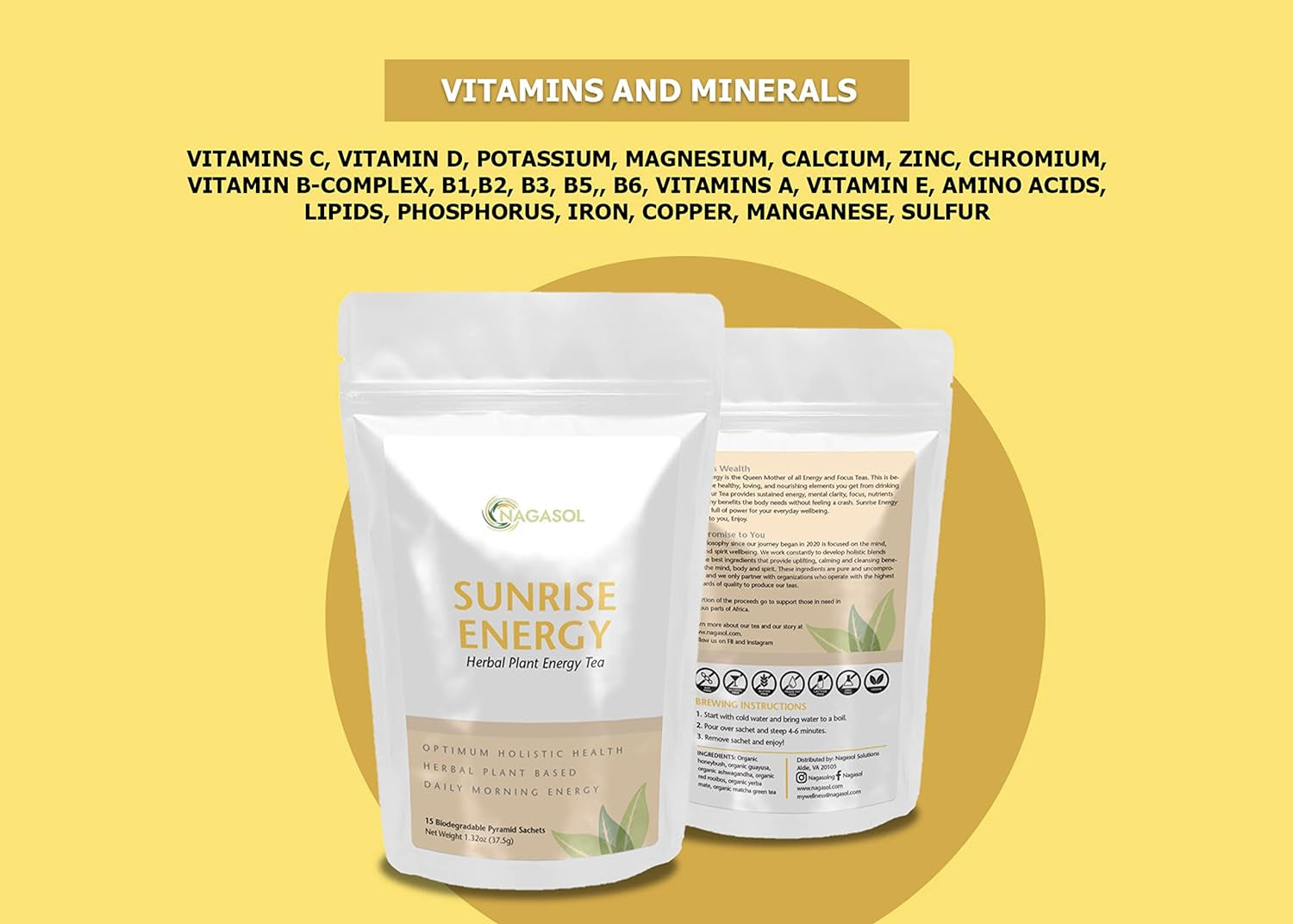 Sunrise Energy Tea with All Organic Ingredients: Honeybush, Guayusa, Ashwagandha, Rooibos, Yerba Mate, and Matcha. Super Blend for Morning Power.