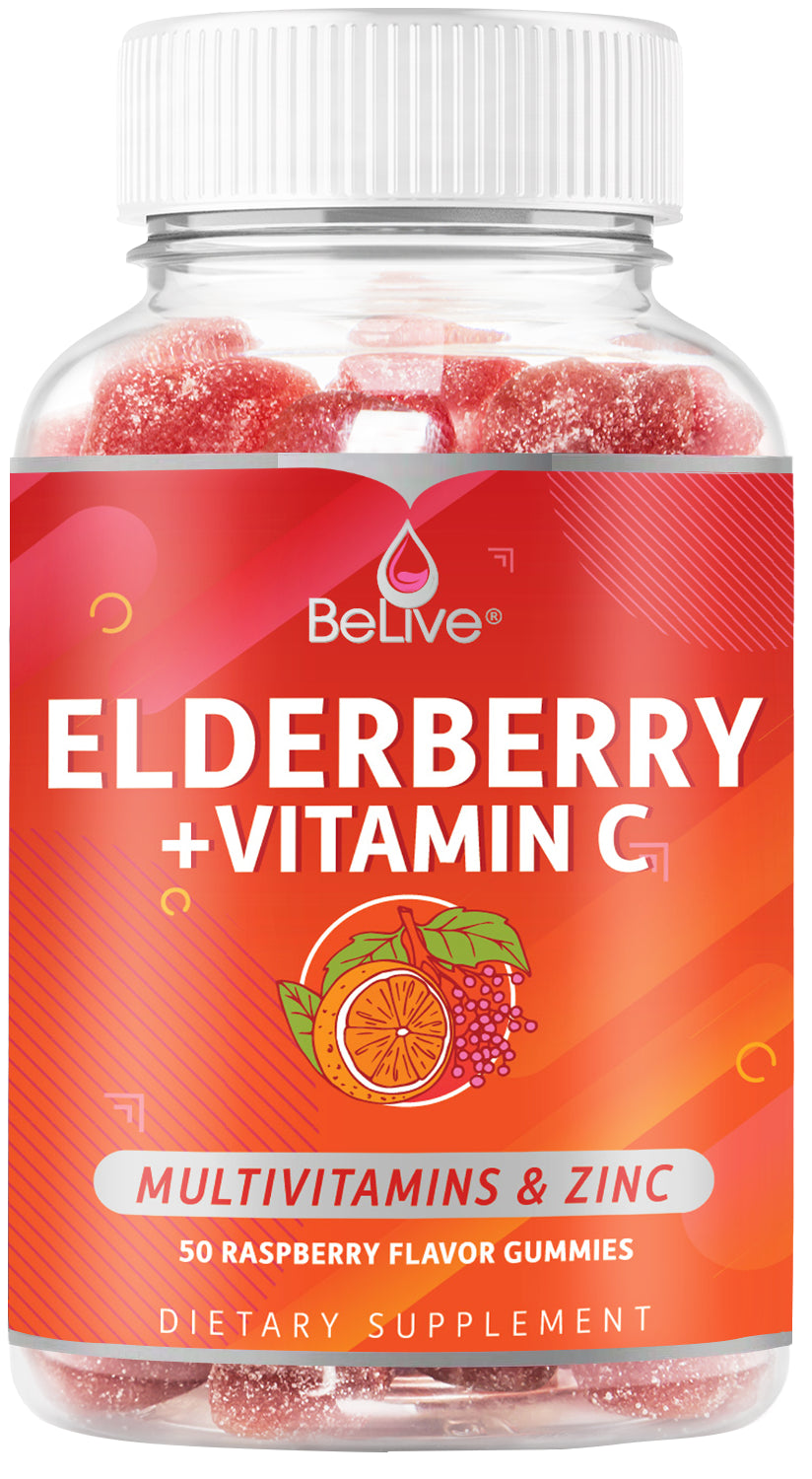Belive Elderberry Gummies with Vitamin C – Double Strength Elderberry with Immune Boosting Vitamin D, B-Complex, and Zinc - Raspberry Flavor (50 Count)