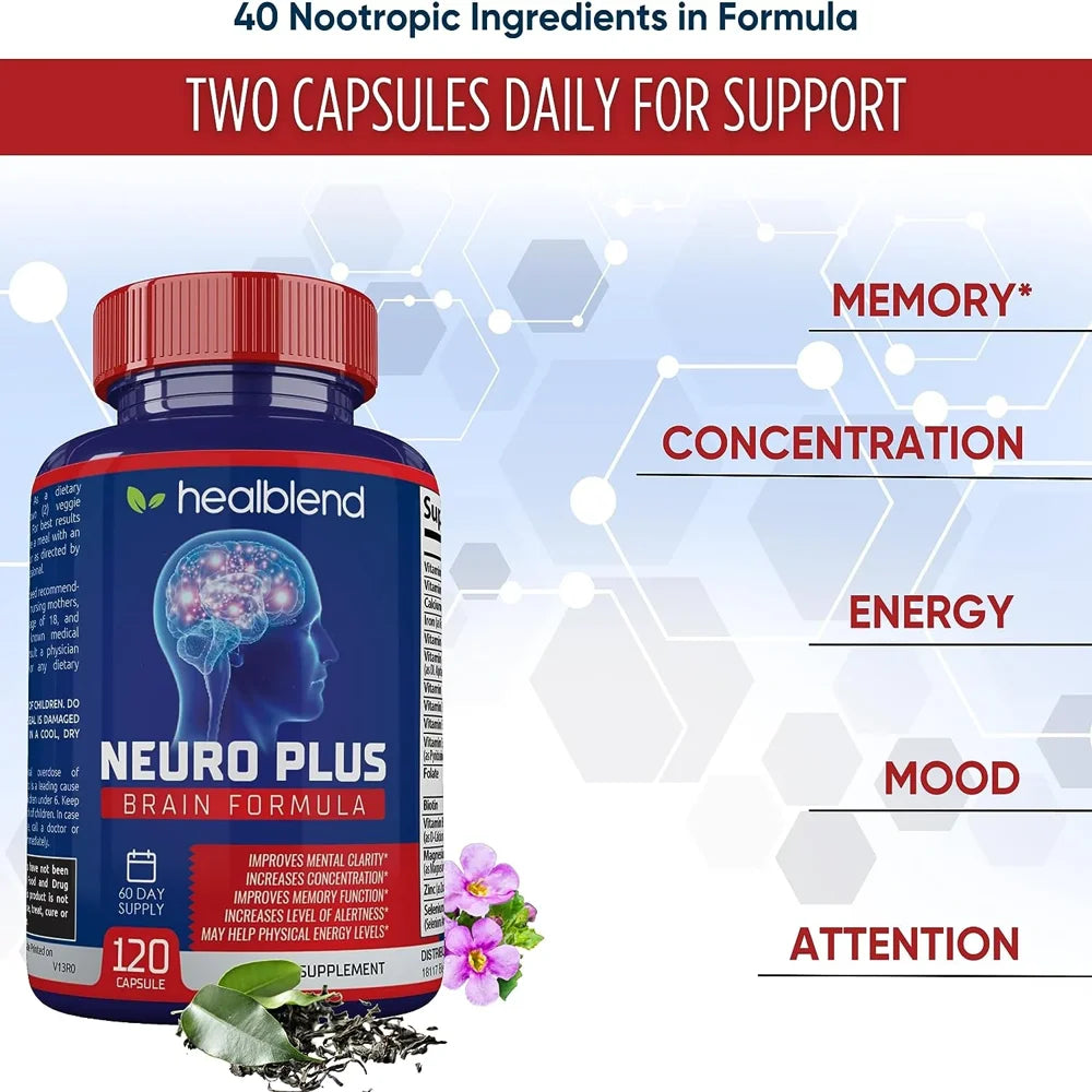 Healblend Neuro plus Brain Booster Supplements - Brain & Focus Formula, Supports Memory, Concentration & Mental Clarity for Adults 2-Pack