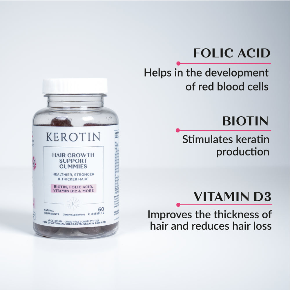 Kerotin Hair Growth Gummies - Vegetarian, Natural and 100% Made in the US - for Thinning Hair and Faster Growth - Berry Flavored, Contains Biotin and Essential Vitamins