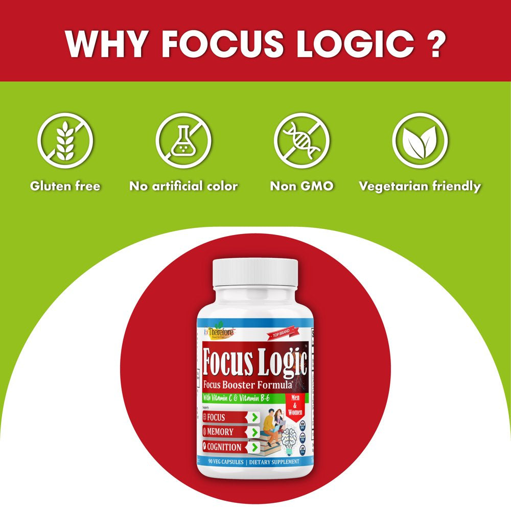 Focuslogic Brain Supplement for Memory and Focus, Nootropics for Concentration, Energy, Cognitive, & Mental Clarity, Memory Supplements for Seniors & Adults, Energy & Mood Booster- 90 Capsules