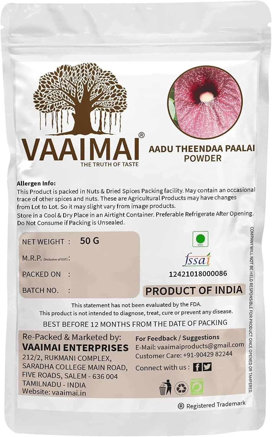 CROW VAAIMAI Aadu Theendaa Paalai Powder/Aristolochia Bracteolata, 50G