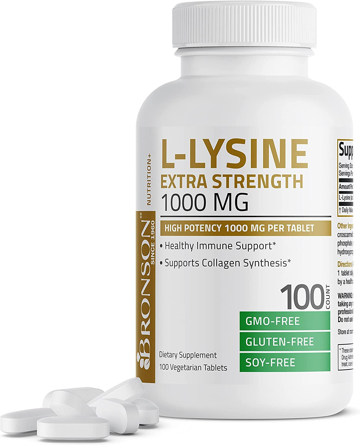 Bronson L-Lysine Extra Strength 1000 MG per Tablet High Potency, Immune Support & Supports Collagen Synthesis, Non-Gmo, 100 Vegetarian Tablets