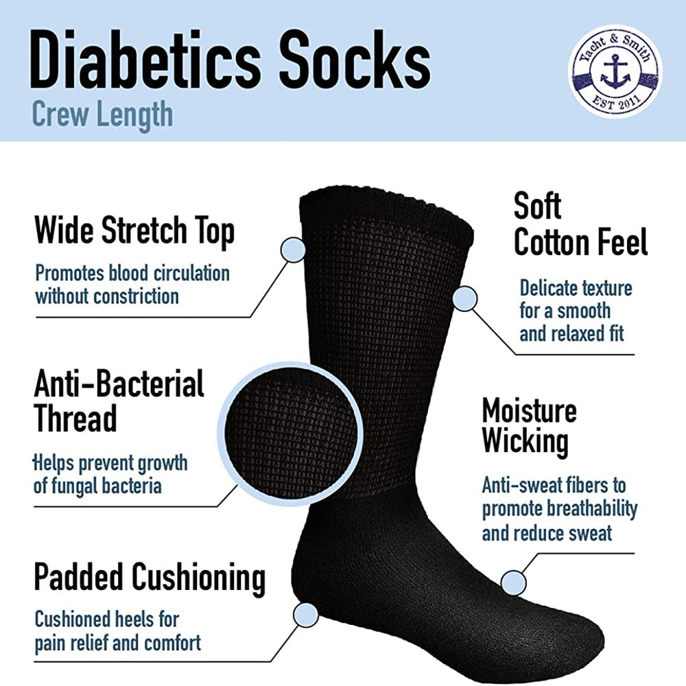 6 Pair of Excell Ladies Diabetic Neuropathy Socks, Sock Size 9-11 (Black)