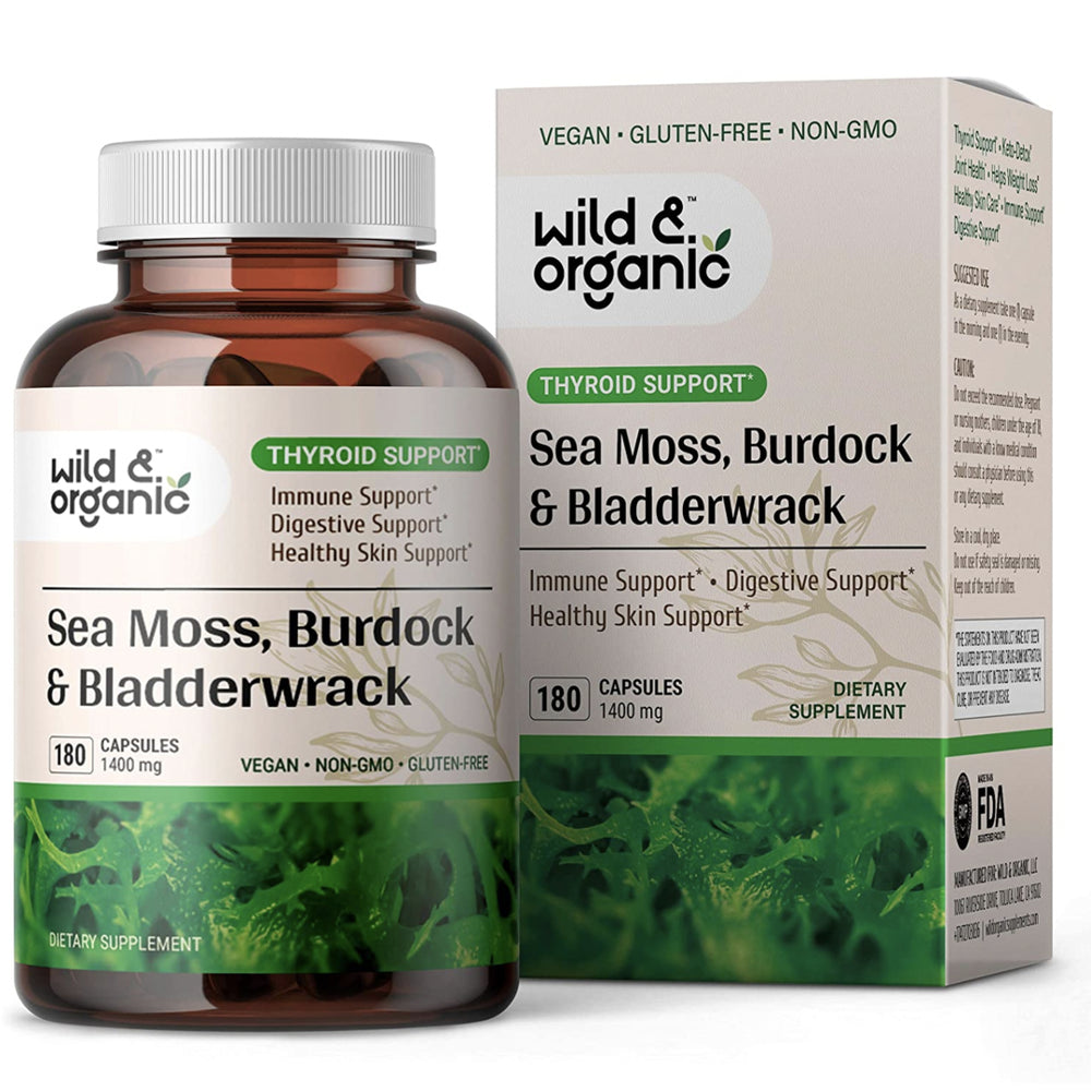 Wild & Organic Sea Moss 180 Capsules for Thyroid & Digestive Health W/ Irish Moss, Burdock Root & Bladderwrack