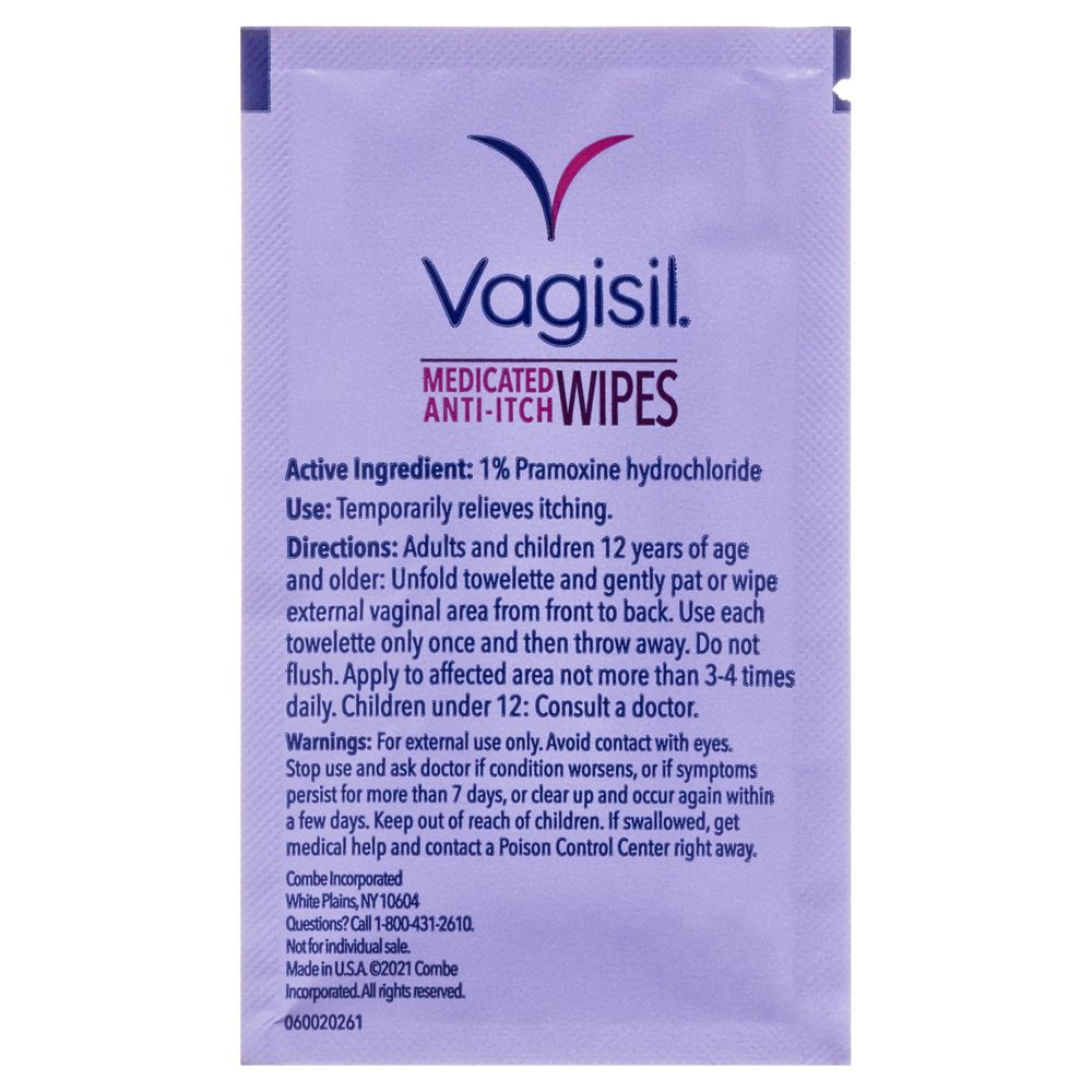 Vagisil Anti-Itch Medicated Wipes, Maximum Strength for Instant Relief, 12 Count, Unscented