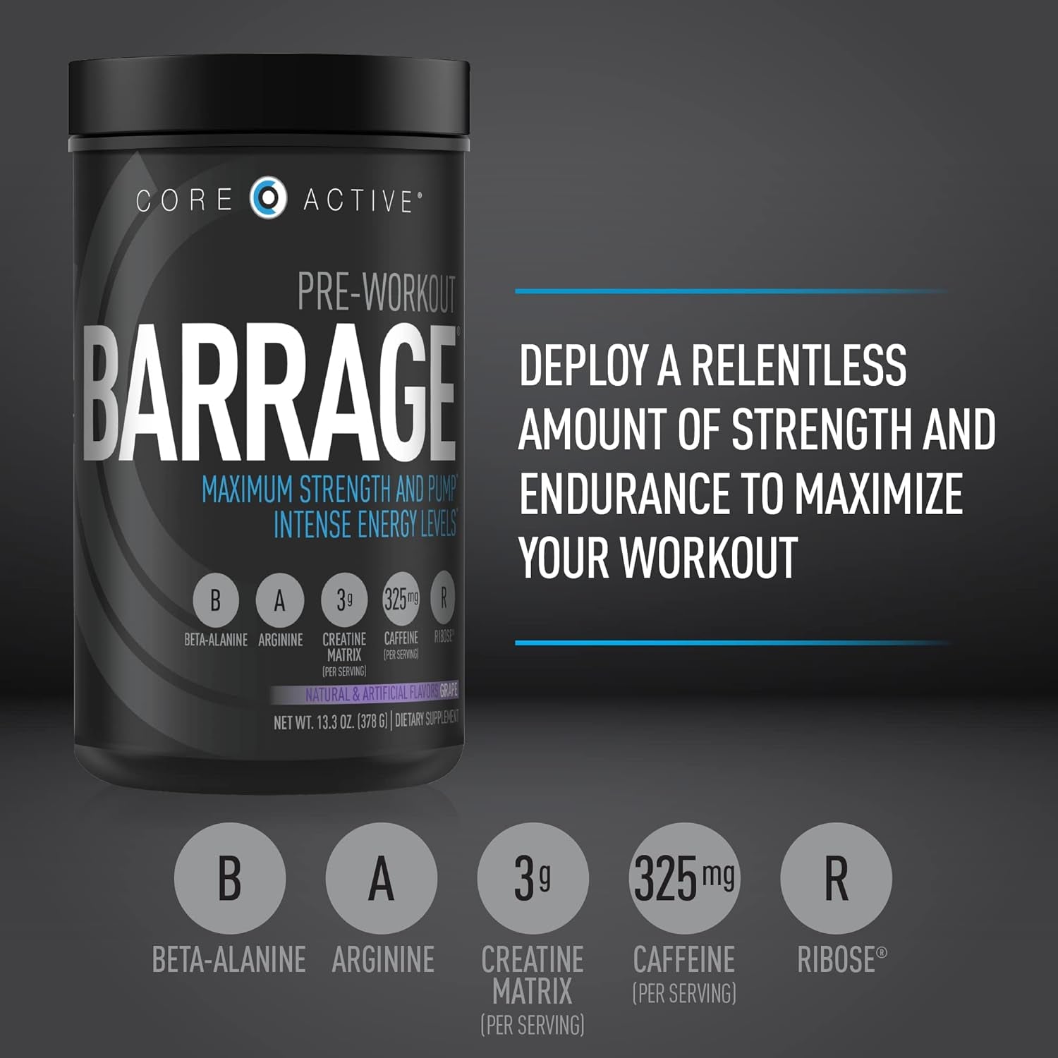 (CORE)ACTIVE Barrage Pre Workout Powder - Preworkout for Women & Men, Creatine Powder, Beta Alanine, Agmatine Sulfate, & Caffeine - Muscle Builder for Men with Intense Energy - Grape (30 Servings)