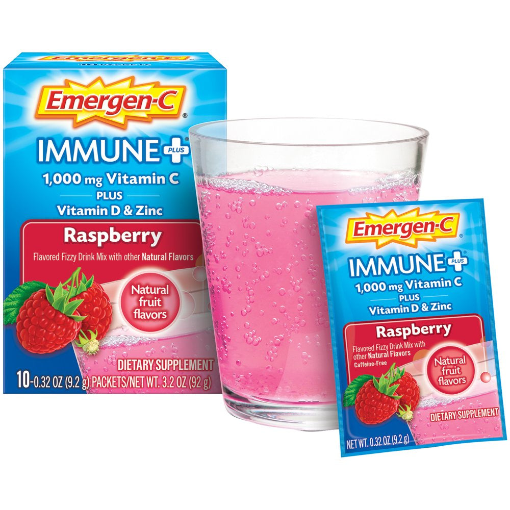 Emergen-C Immune+ 1000Mg Vitamin C Powder, with Vitamin D, Zinc, Antioxidants and Electrolytes for Immunity, Immune Support Dietary Supplement, Raspberry Flavor - 10 Count