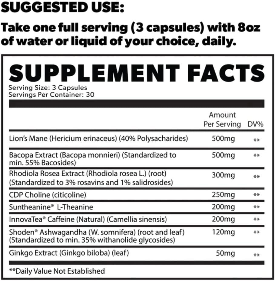 Premium Energy & Focus Nootropic Brain Supplement - 200Mg Caffeine, L Theanine, Rhodiola Rosea, Lions Mane, Bacopa Monnieri, Ginkgo, Ashwagandha - Alertness, Memory & Clarity - 90 Energy Pills