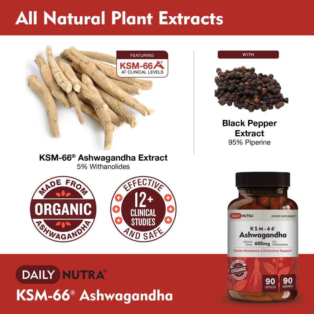 KSM-66 Ashwagandha by Dailynutra - 600Mg Organic Root Extract - High Potency Supplement with 5% Withanolides | Stress Relief, Increased Energy and Focus (90 Capsules)