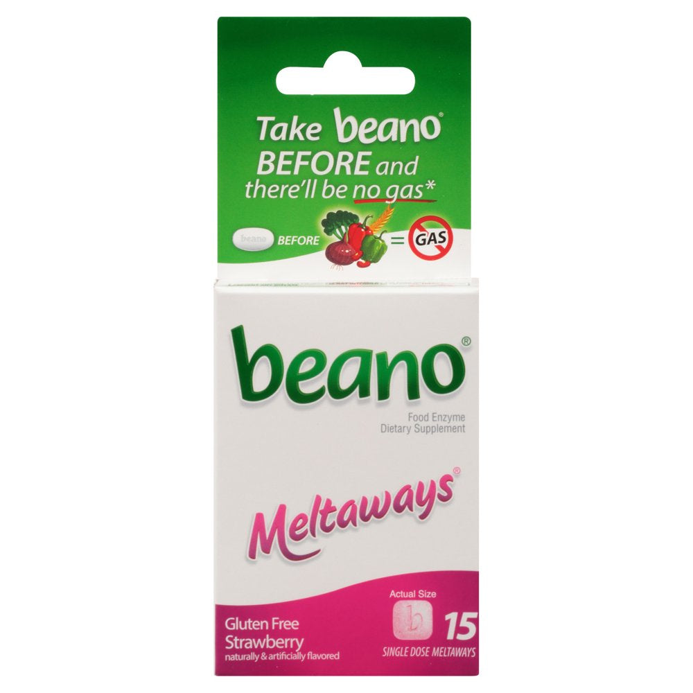 Beano Meltaways, Gas Prevention & Digestive Enzyme Supplement, Strawberry Flavor, 15 Count