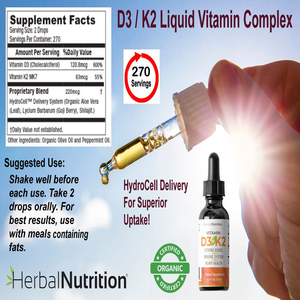 Vitamin D3 Liquid Complex Organic D3 K2 5000Iu 270 Servings from Herbal Nutrition