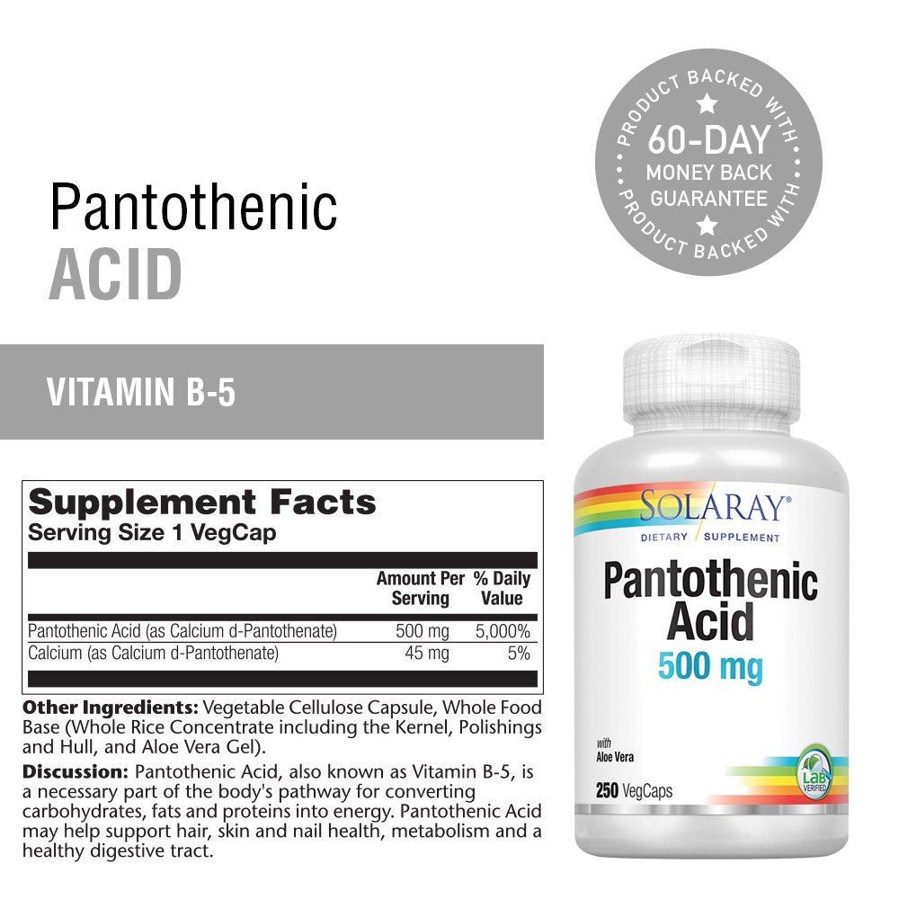 Solaray Pantothenic Acid 500Mg | Vitamin B-5 for Coenzyme-A Production & Energy Metabolism | for Hair, Skin, Nails & Digestive Support | 250 Vegcaps