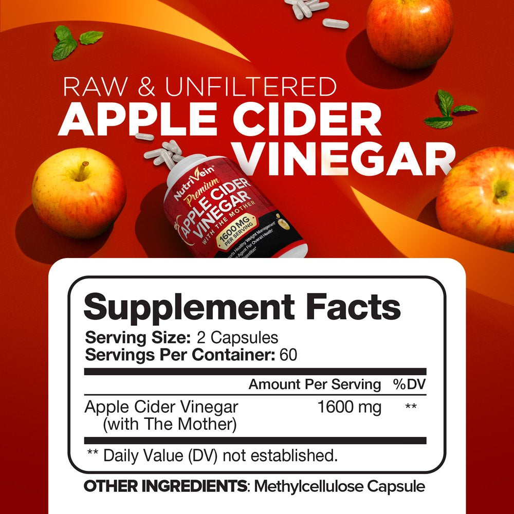 Nutrivein Apple Cider Vinegar Capsules 1600Mg Weight Loss Supplement 120 Vegetable Capsules
