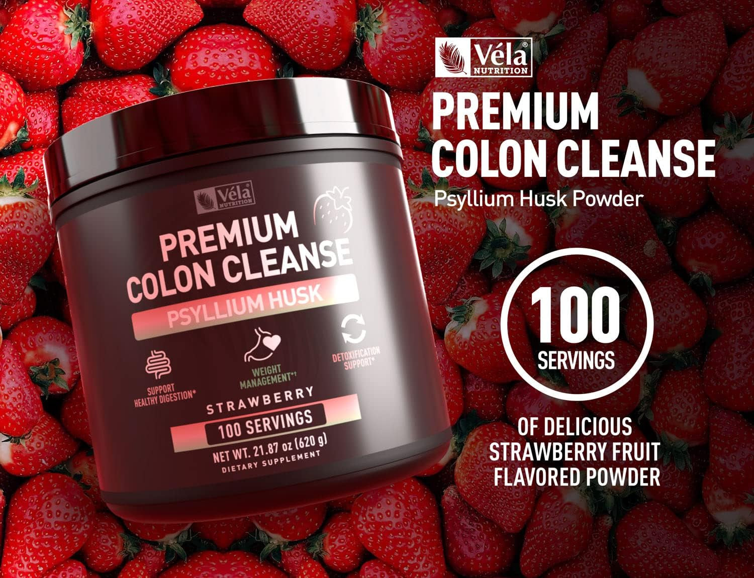 Psyllium Husk Powder Colon Cleanser | Superior Colon Cleanse | Support Healthy Digestion, Detoxification, and Weight Management | Strawberry Fruit Flavor, 100 Servings