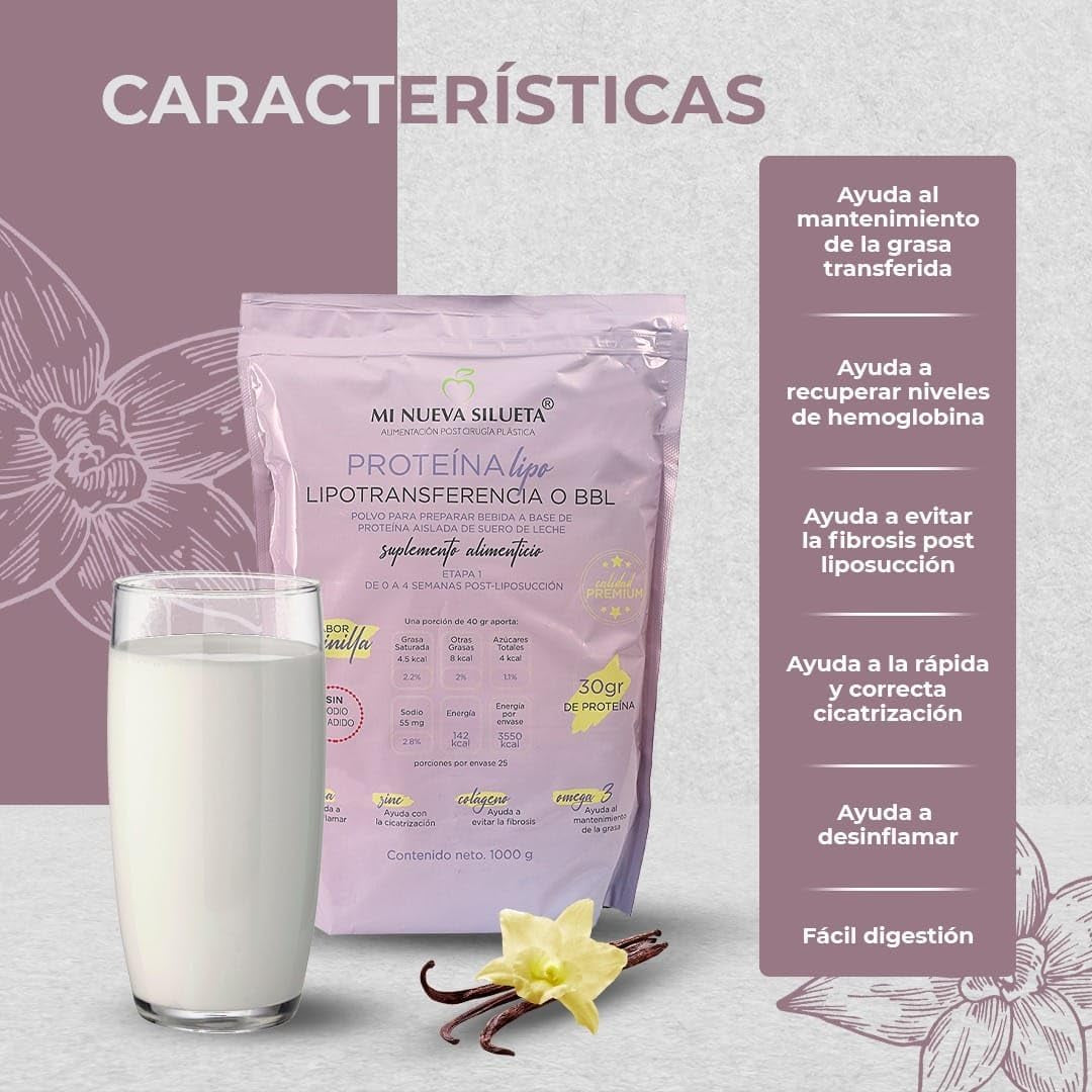 MI NUEVA SILUETA Lipotransfer Protein Stage 1 My New Silhouette Is an Isolated Whey Protein Powder with Collagen That Helps to Maintain Transferred Fat. (VANILA)