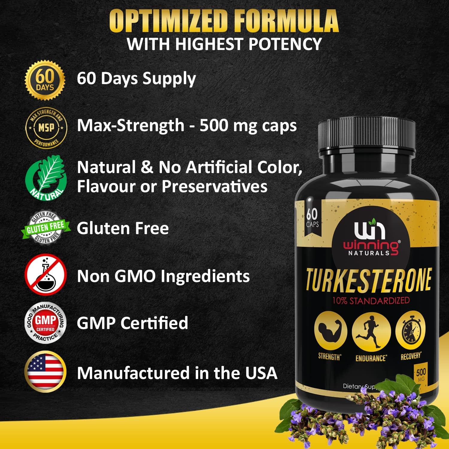 Turkesterone Supplement 500 Mg, Ajuga Turkestanica Extract Std. to 10% Turkesterone Max Strength- Similar to Ecdysterone; Natural Anabolic Agent; Supports Muscle Growth, Muscle/Exercise Recovery