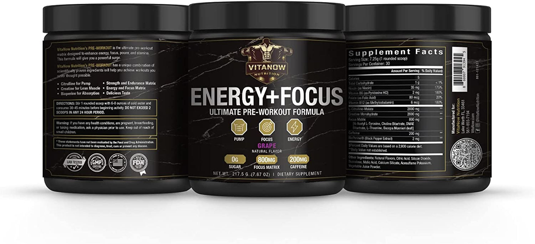 VITANOW NUTRITION Energy+Focus, Pre-Workout Formula, Sugar Free, 217.5G, 30 Servings (Fruit Punch)