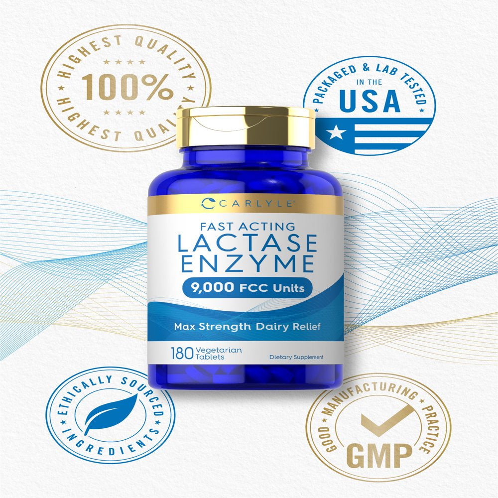 Fast Acting Lactase Enzyme Pills | 9000 FCC | 180 Tablets | Dairy Relief Supplement | by Carlyle
