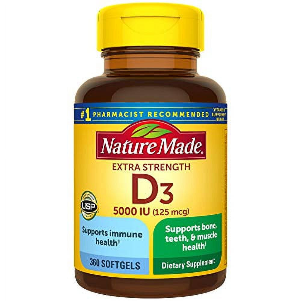 Nature Made Extra Strength Vitamin D3 5000 IU (125 Mcg), Dietary Supplement for Bone, Teeth, Muscle and Immune Health Support, 360 Softgels, 360 Day Supply