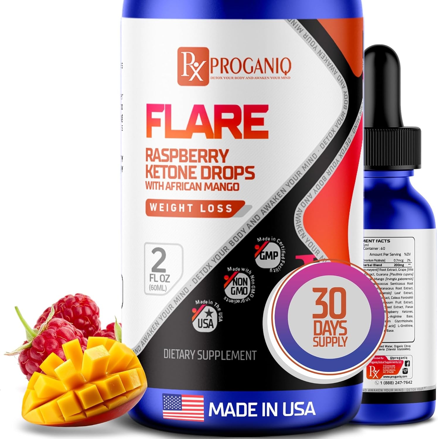 X PROGANIQ Flare Raspberry Ketone Drops with African Mango - Extra Strength for Optimal Weight Management - Fast Absorbing Appetite Control Formula with L-Carnitine, L-Arginine, EGCG for Men and Women