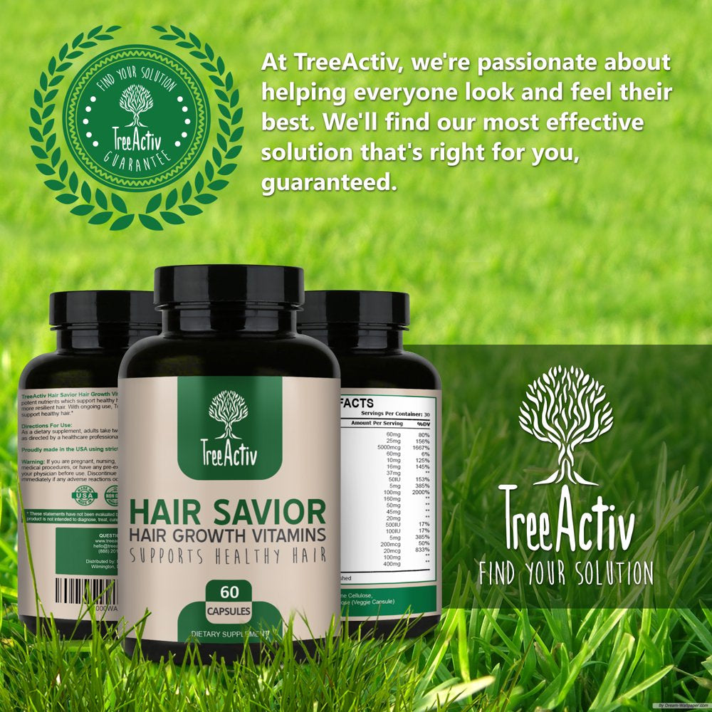 Treeactiv Hair Savior, Biotin + Saw Palmetto Hair Growth Vitamins, Volumizer & Thickening Supplement, Folate, MSM, B Complex Hair Growth Pills, 60 Capsules, 30-Day Supply