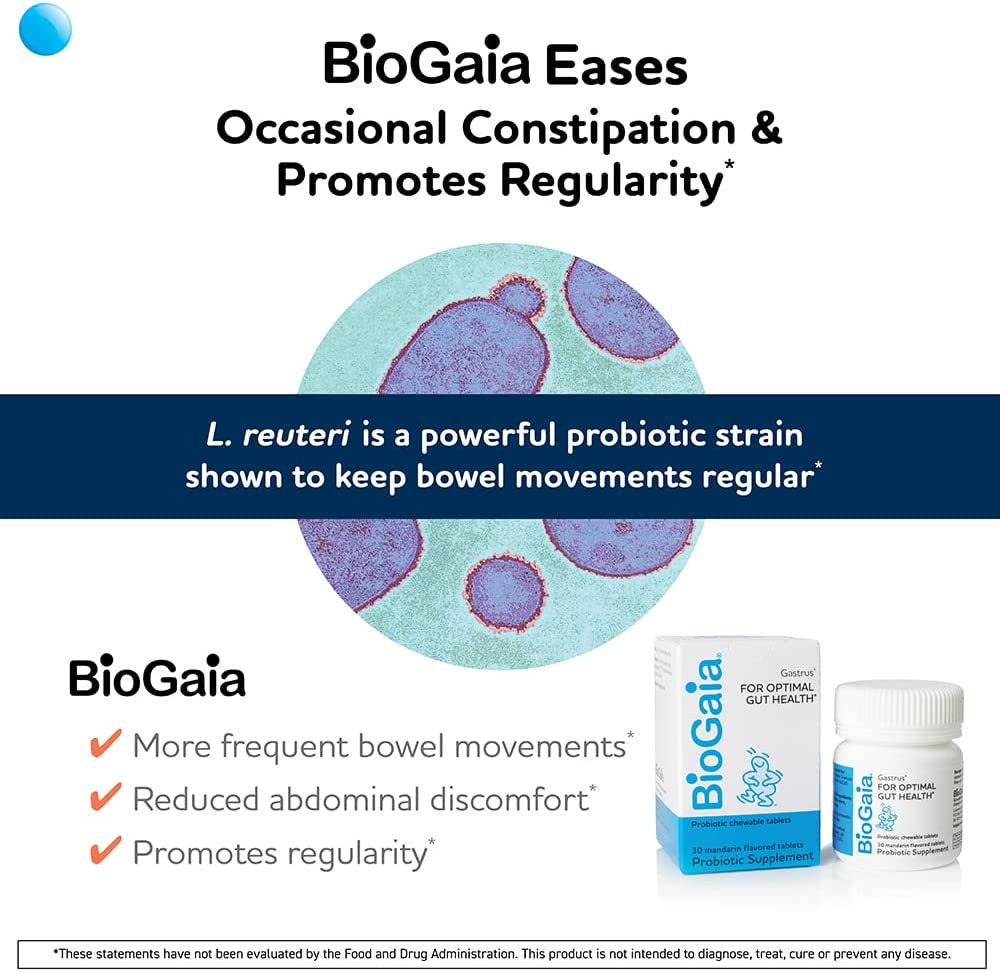 Biogaia Gastrus Chewable Tablets, Adult Probiotic Supplement for Stomach Discomfort, Constipation, Gas, Bloating, Regularity, Non-Gmo, 30 Tablets, 2 Pack
