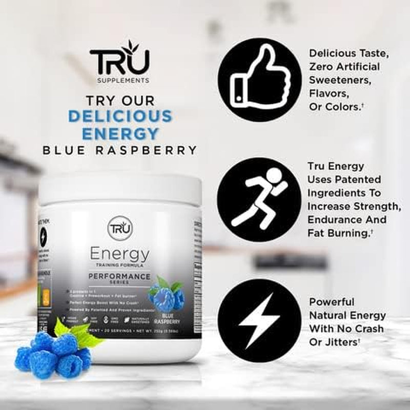 TRU Supplements Energy, Pre Workout Training Formula, Vegan Friendly, No Jitters, Improve Workout Performance, Naturally Extracted Flavors, 20 Servings (Blue Raspberry)