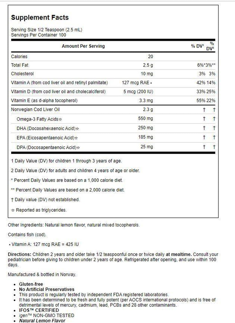 Carlson Kid'S Norwegian Cod Liver Oil + Vitamin a & D3 Liquid, 550 Mg Omega-3, Lemon, 8.4 Fl Oz.