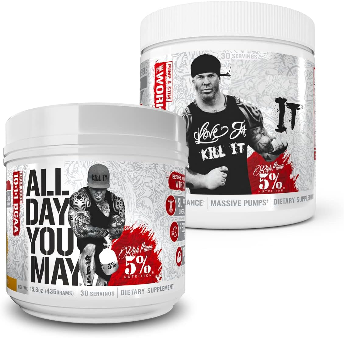 5% Nutrition Rich Piana Bundle | Alldayyoumay BCAA Powder + Kill It Pre-Workout (Mango Pineapple)