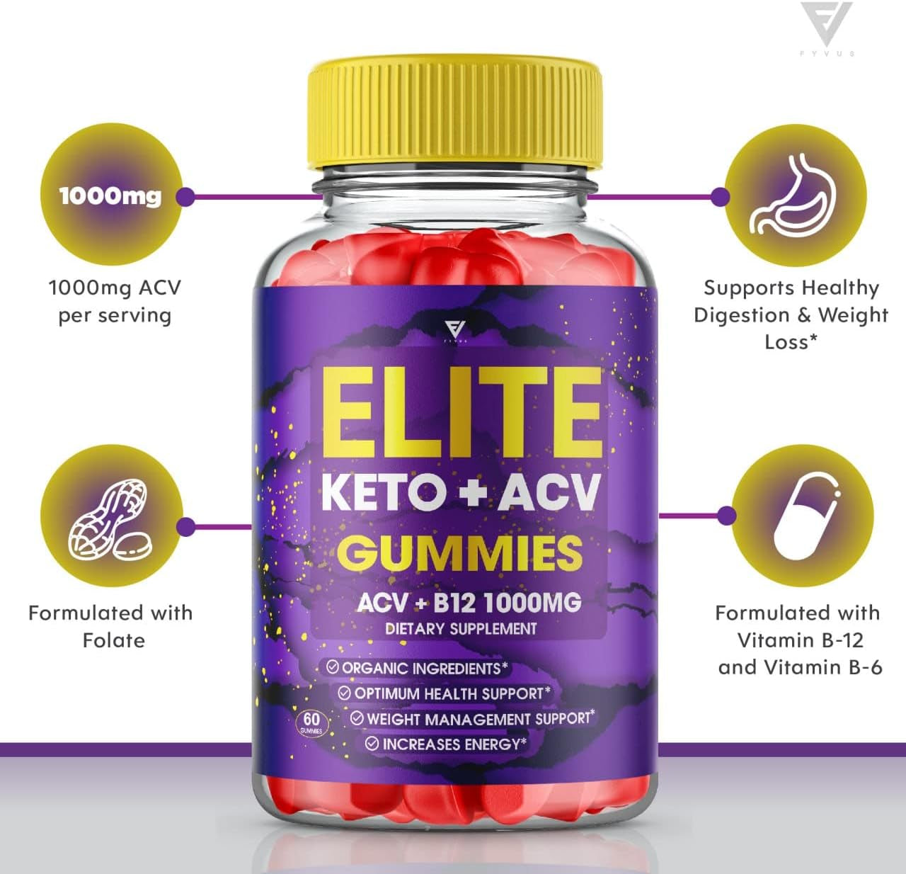 Elite Keto ACV Gummies AVC, Elite Keto plus ACV Advanced Weight Loss Gummies, Eliteketo Keto+Acv Apple Cider Vinegar Supplement Diet Works Fast Appetite Rapido (60 Gummies)