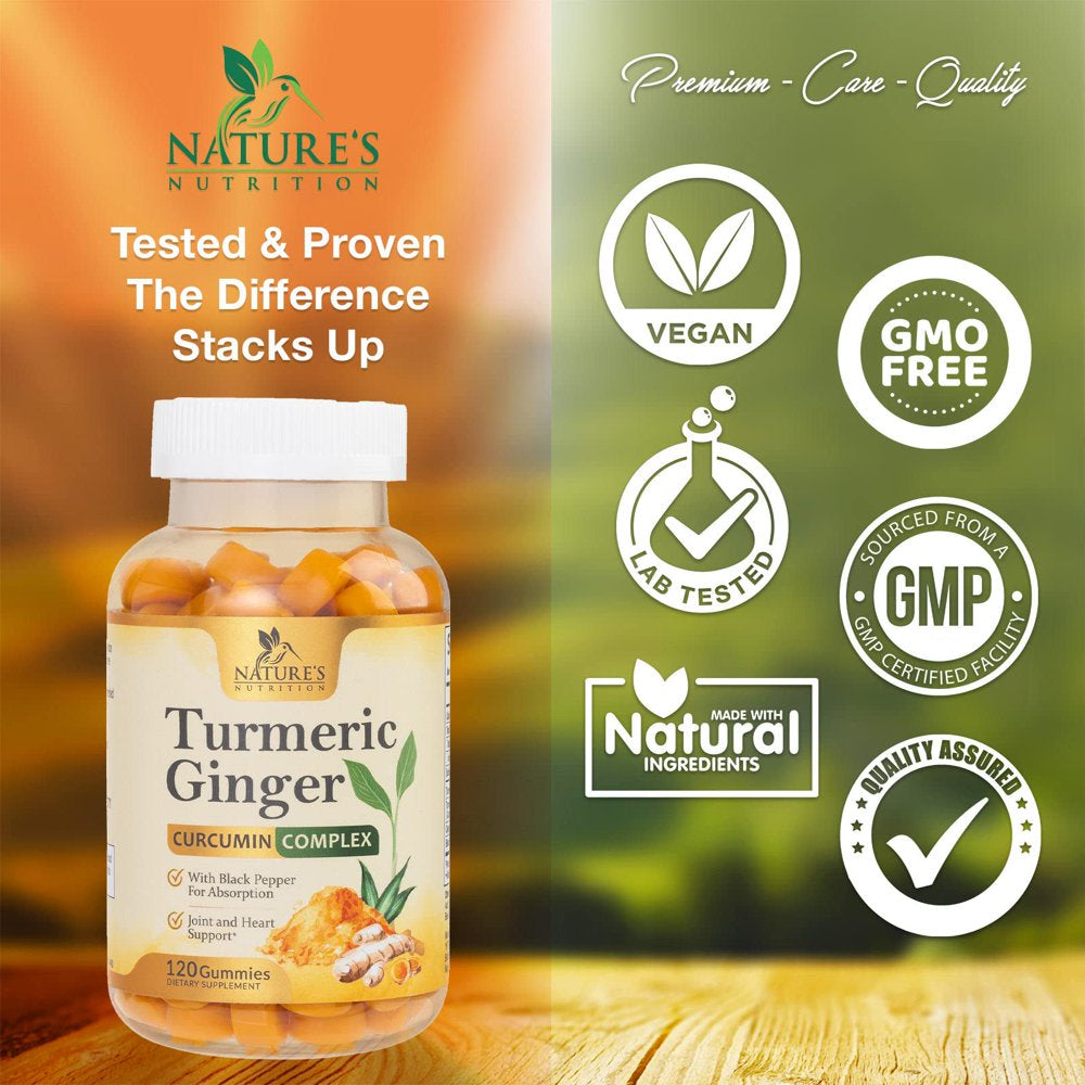 Turmeric Ginger Gummies - Vegan Turmeric Curcumin Gummy with 95% Curcuminoids - Black Pepper for Max Absorption, Herbal Joint Support Supplement, Nature'S Tumeric Extract, Peach Flavor - 120 Gummies