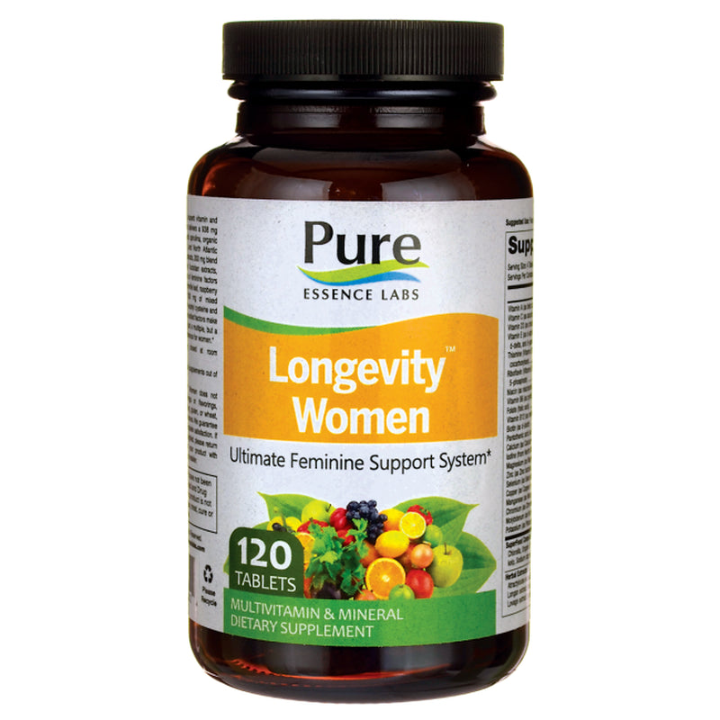 Longevity Women 50+ Multivitamin - Whole Food Supplement with Superfoods, Minerals, Enzymes, Vitamin D, D3, B12, Biotin by Pure Essence - 120 Tablets