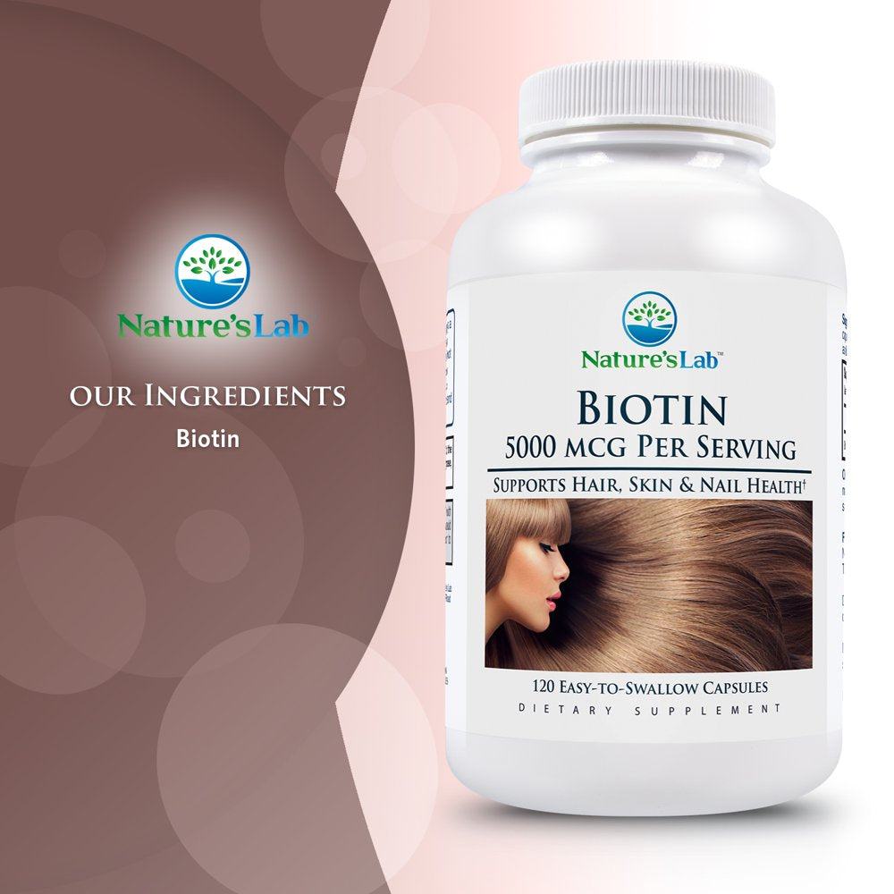 Nature'S Lab Biotin 5000 Mcg - 120 Capsules (4 Month Supply) - Promotes Healthy Hair, Skin & Nails