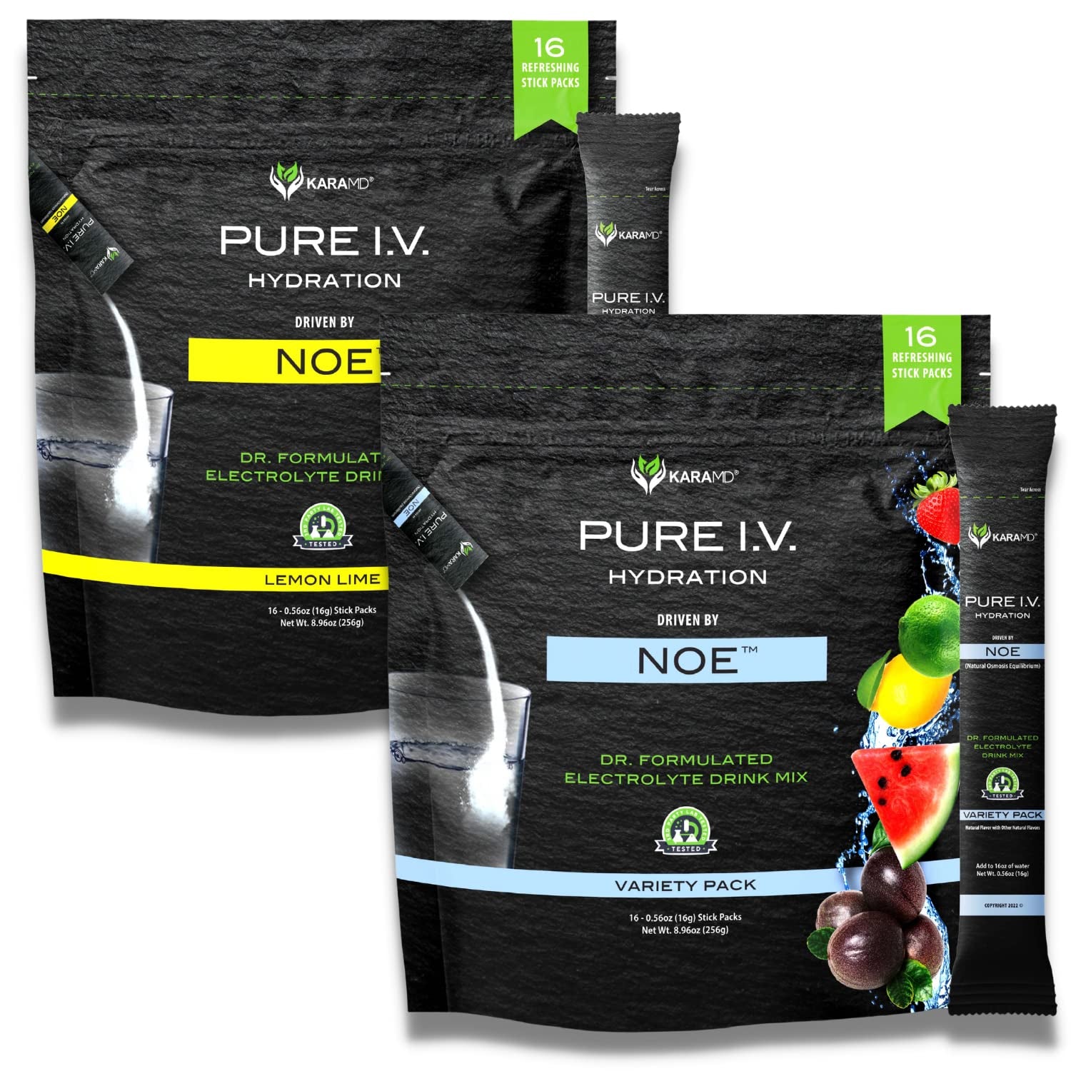 Karamd Pure I.V. - Doctor Formulated Electrolyte Powder Drink Mix 2 Flavor Bundle – Refreshing & Delicious Hydrating Packets with Vitamins & Minerals – 1 Lemon Lime & 1 Variety Bag (32 Sticks)