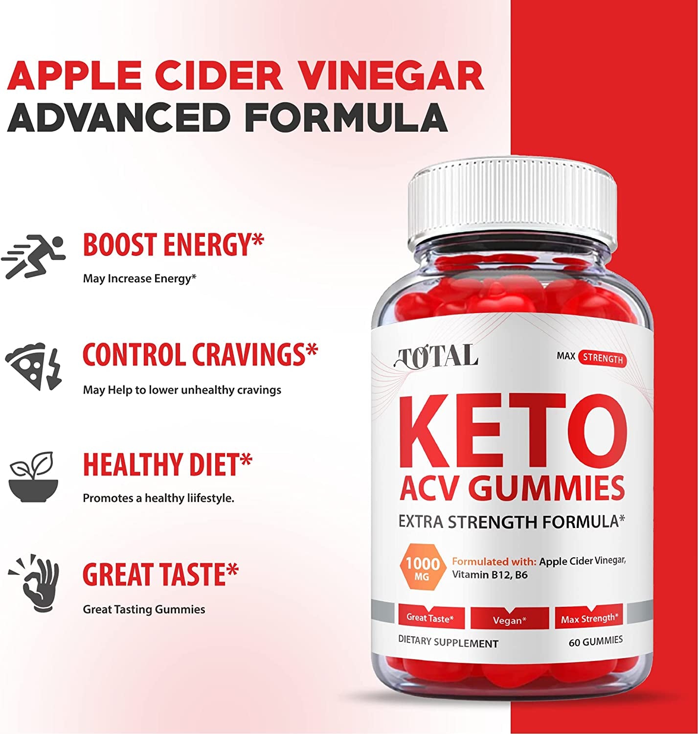 Total Keto Gummies - Official Formula, Vegan - Total Keto ACV Gummies, Total ACV Gummies with Apple Cider Vinegar Gummies, Total Keto Gummy, Vitamin B12, B6, Beet Root Juice, Pomegranate (60 Gummies)