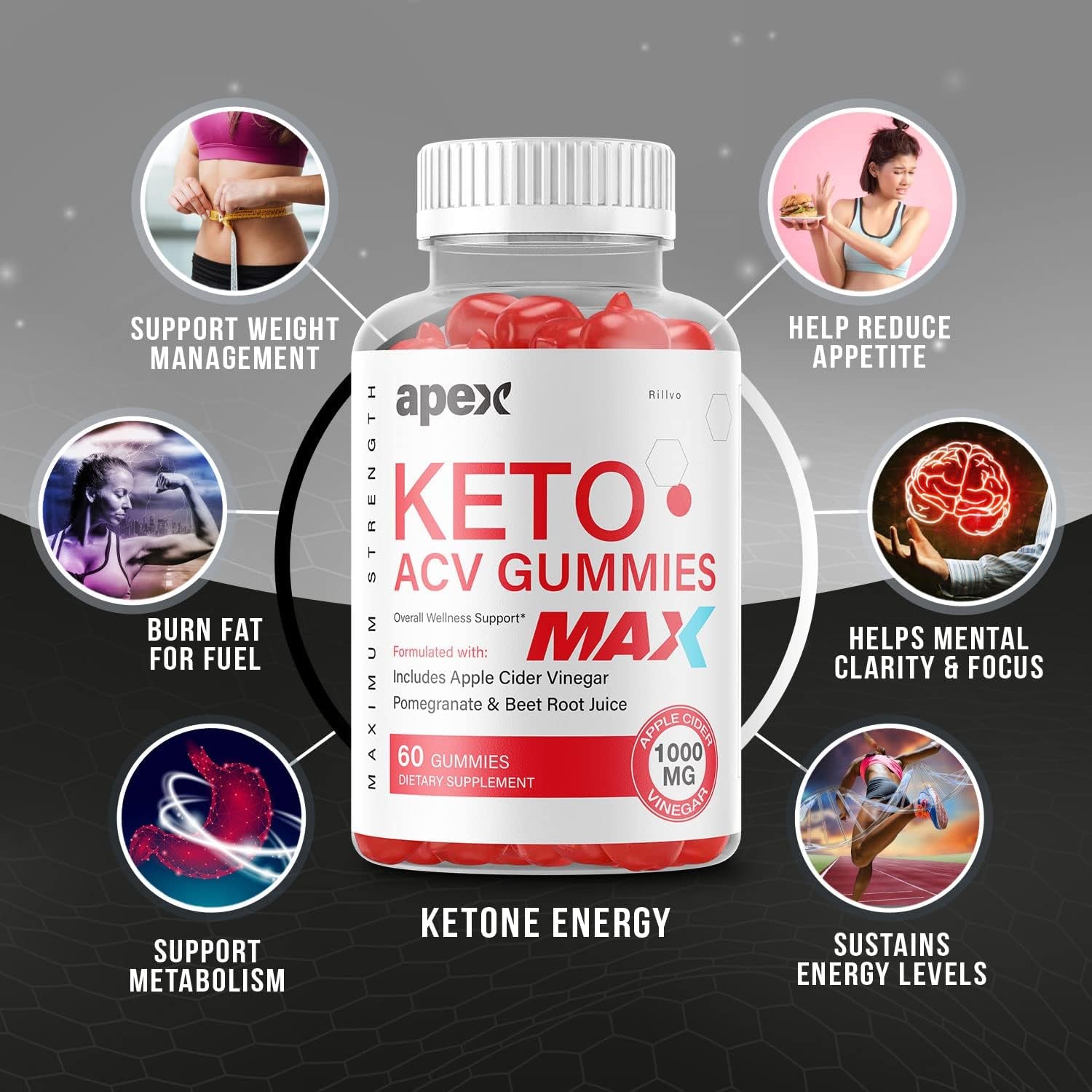 Apex Keto ACV Max Gummies Apex Keto Advanced Formula Overall Wellness Support (60 Gummies)