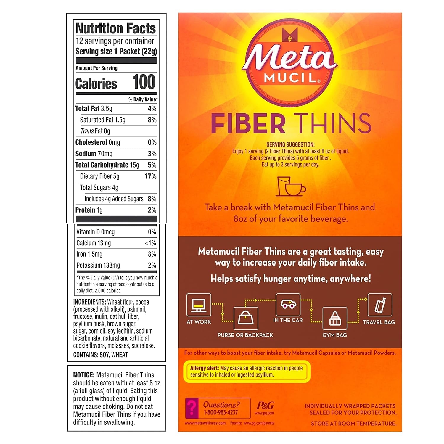 Metamucil Fiberthins Fiber Supplement with Bleam Digestive Health Support Tip Card Psyllium Fiber Bars - 12CT Cinnamon Spice & 12CT Chocolate - Set