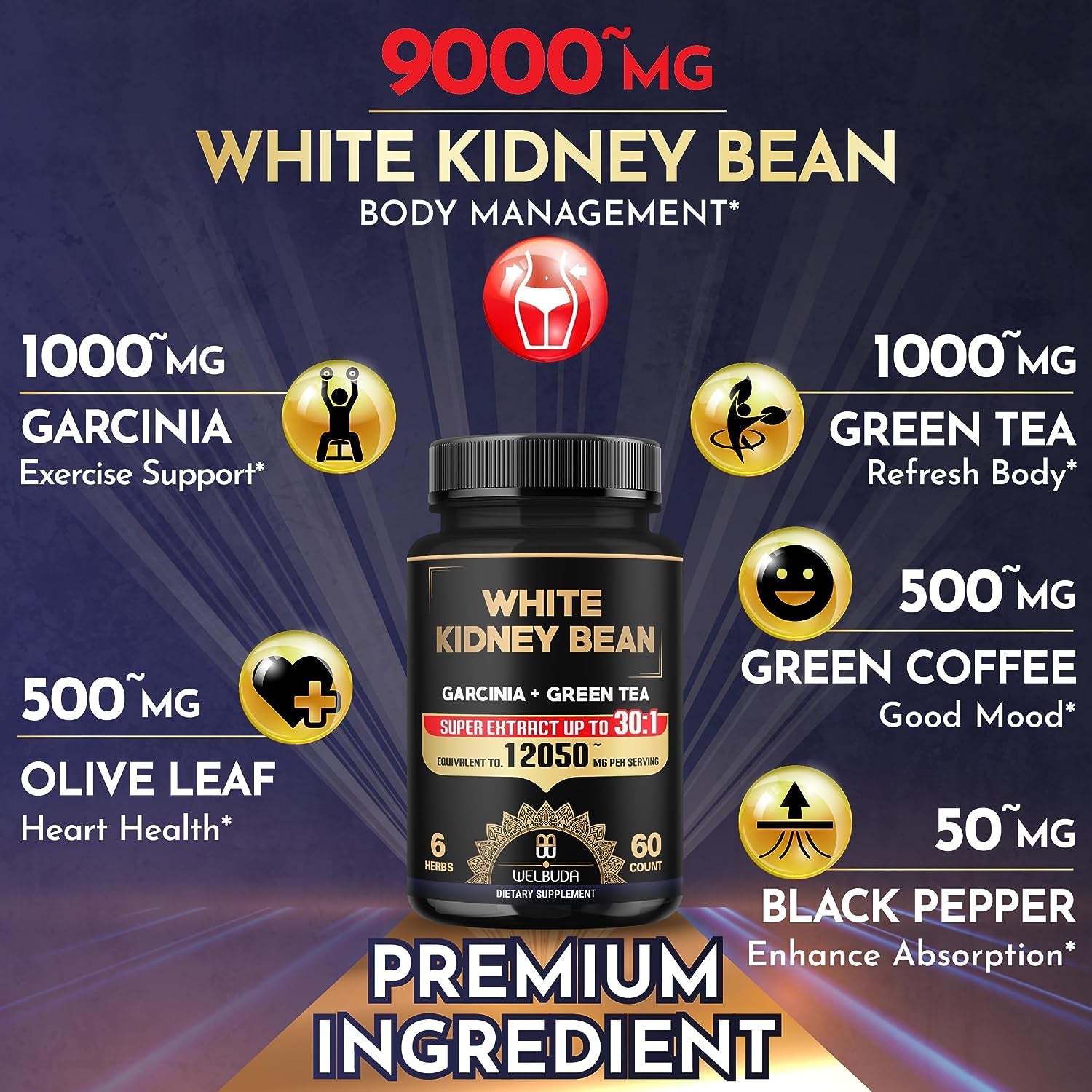 6In1 White Kidney Bean Extract 30:1 Capsules - 12050Mg 60 Counts 2 Months - with Garcinia Cambogia, Green Tea, Olive Leaf, Green Coffee Bean & Black Pepper - Body Health, Strength & Immune Support