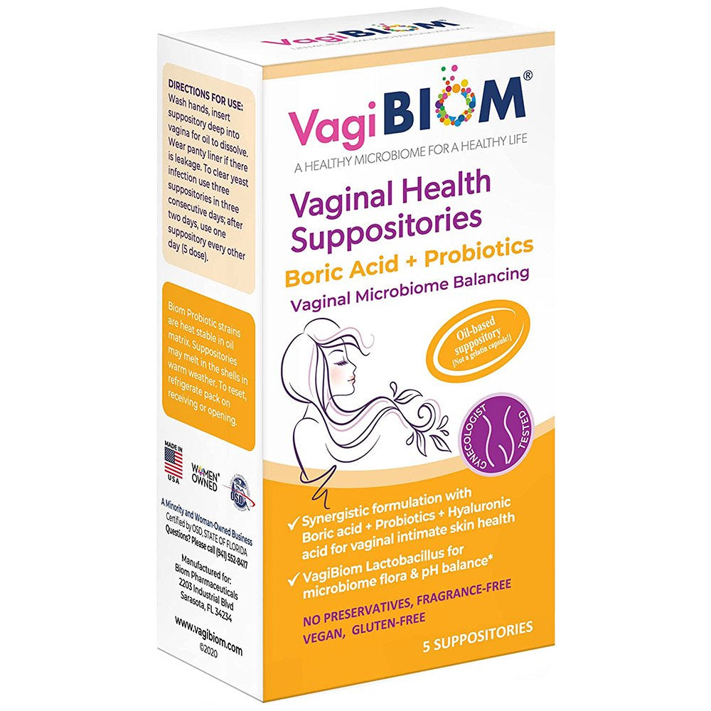 Vagibiom Boric Acid Vaginal Suppositories Yeast Symptom Relief Formula 5 Pack