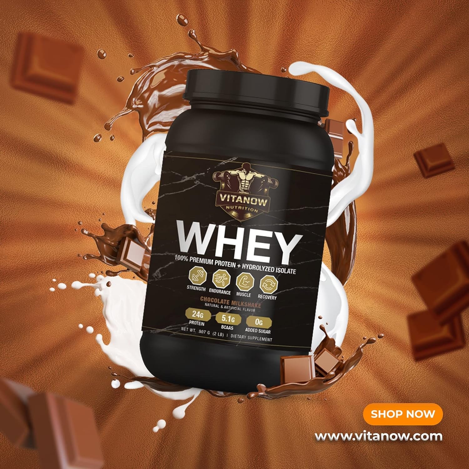 VITANOW NUTRITION Whey Premium Protein + Hydrolyzed Isolate, Sugar-Free, Natural and Artificial Flavor, BCAAS 5.1G, 907G, 28 Servings (Chocolate Milkshake)