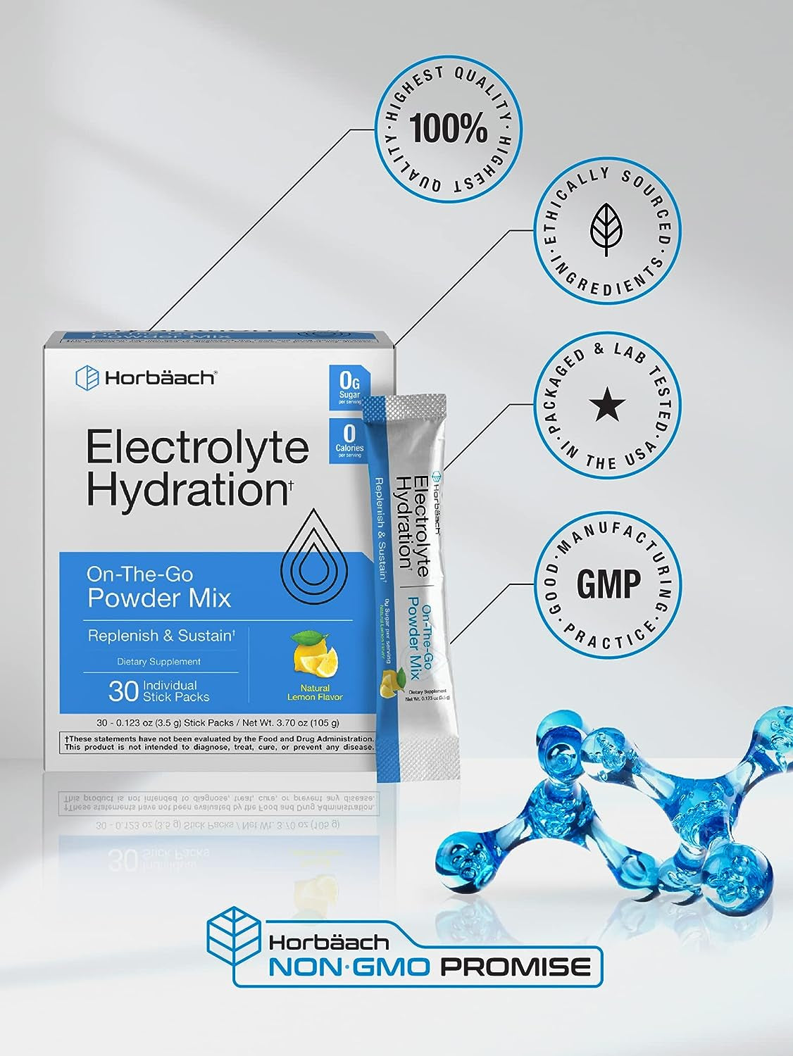 Electrolyte Powder Packets | 30 Sticks | Natural Lemon Flavor | On-The-Go Powder Mix | Vegetarian | Keto-Friendly | Non-Gmo, Gluten Free Supplement | by Horbaach