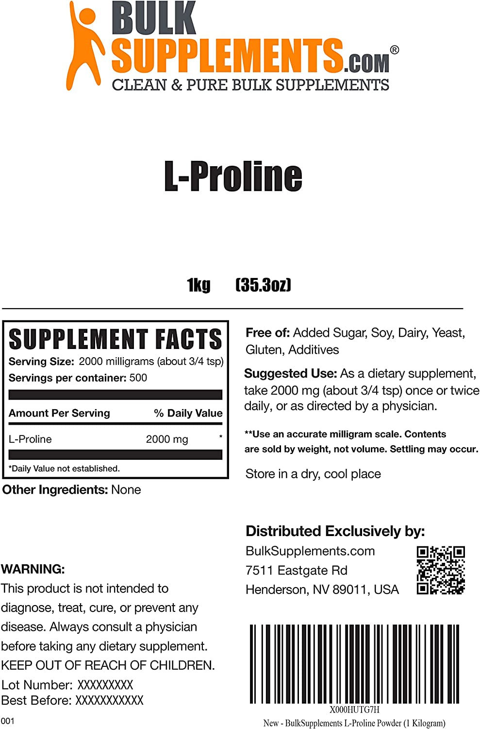 BULKSUPPLEMENTS.COM L-Lysine Powder (L-Lysine HCL) 1KG, with L-Proline Powder 1KG, L-Glutamine Powder 1KG, & Glycine Powder 1KG Bundle