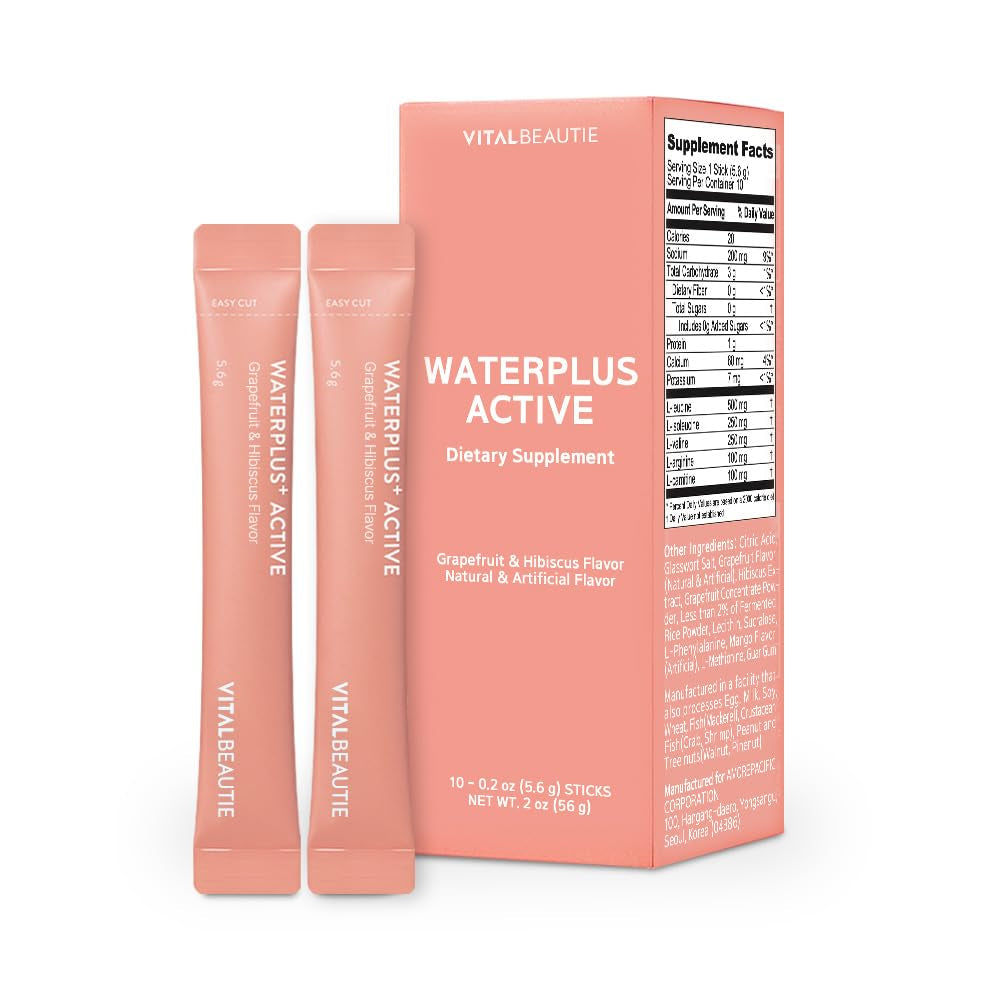 VITALBEAUTIE Waterplus+ Active (Grapefruit & Hibiscus, 10 Sticks) - Vegan Electrolyte Drink Mix for Vitality by AMOREPACIFIC. Amino Acid (BCAA, L-Arginine & L-Carnitine).