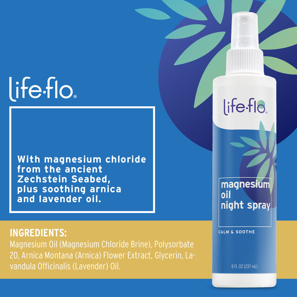 Life-Flo Magnesium Oil Night Spray | Magnesium Chloride from Zechstein Seabed | Massage onto Tired Muscles for Relaxation | with Arnica & Lavender | 8Oz