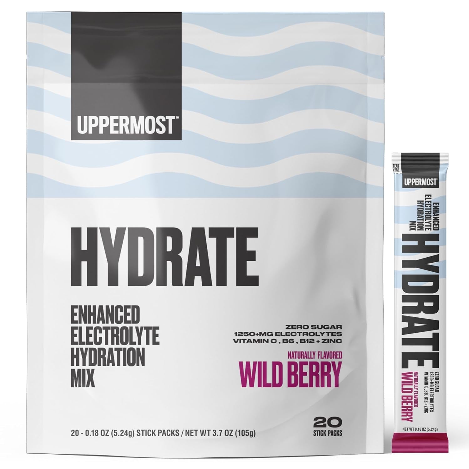 Uppermost Hydrate - Enhanced Electrolytes Hydration Drink Powder Mix Packets - No Sugar - Keto - Naturally Flavored & Sweetened - with Vitamin C, B6, B12-20 Stick Packs (Wild Berry)