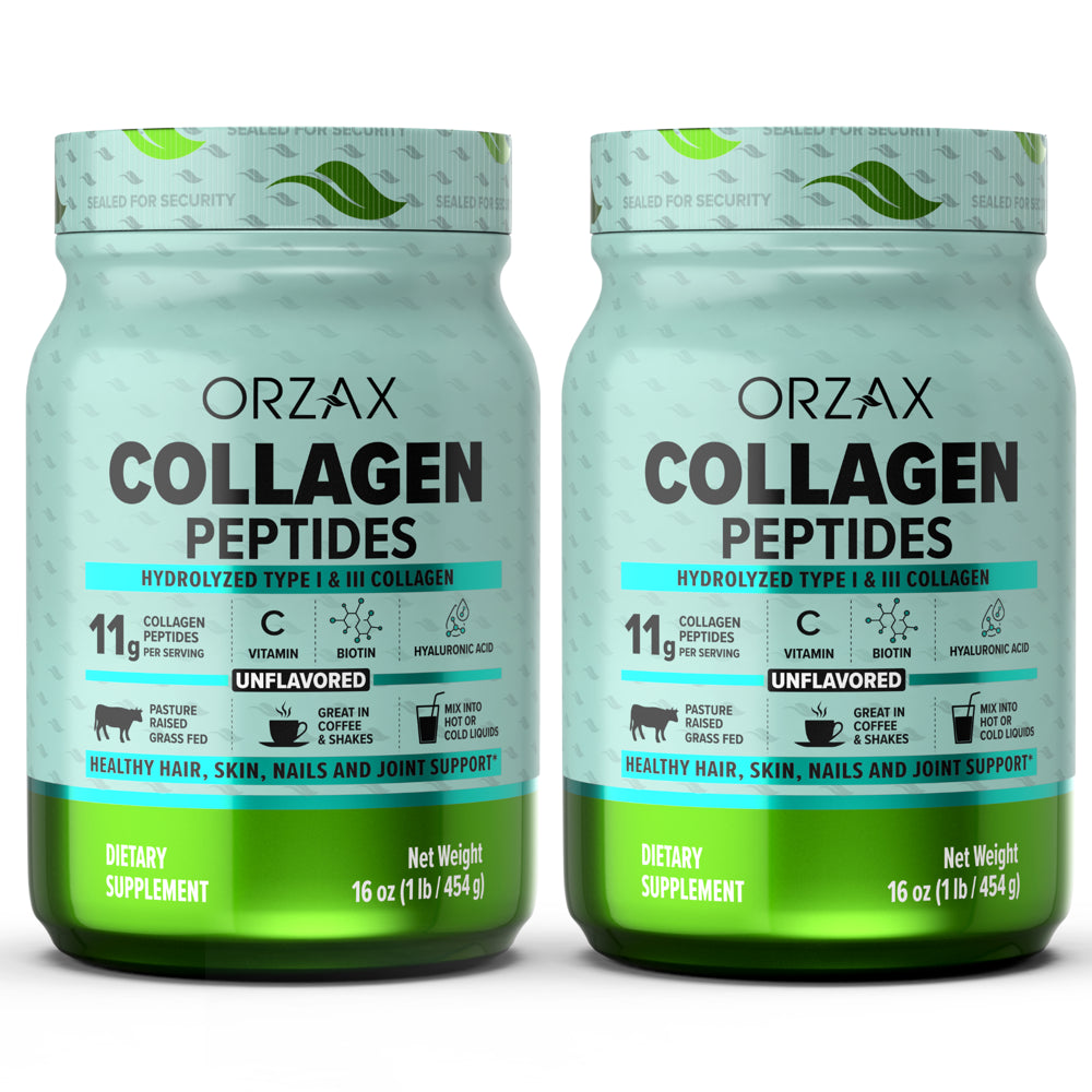 ORZAX Collagen Peptides Powder Unflavored - Hair, Skin and Nails Vitamins - Bone & Joint Support Supplement - Collagen Drink Mix - Collagen Powder for Women & Man with 2 Pack (16Oz)